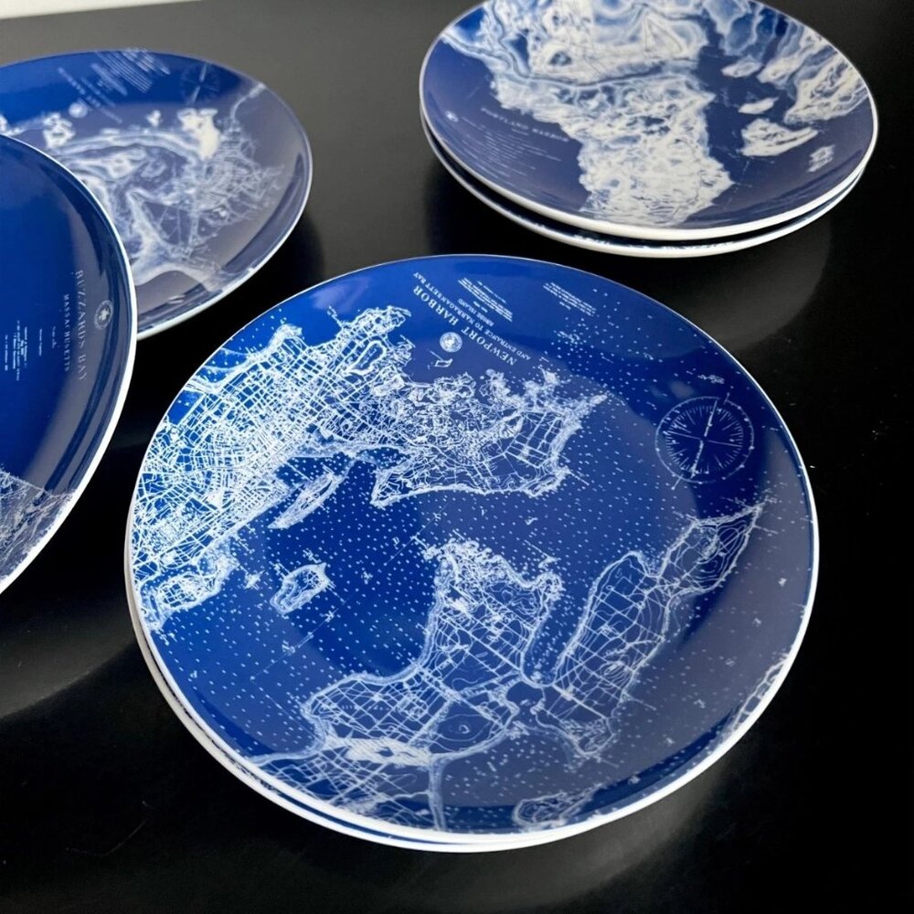 Caskata Harbor Collection Set of 6 Blue & White Harbor Scene Dessert Plates - Picture 2 of 7